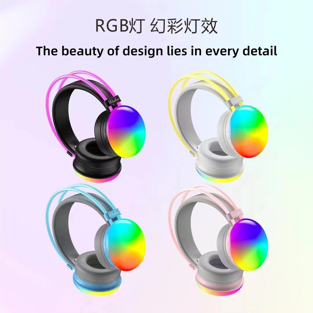 Stereo Rainbow LED Wireless Over‑Ear Headset – RGB Light, Bluetooth 5.3, Active Noise Cancelling, Hi‑Fi Stereo, APTX, IPX5 Waterproof, 10‑15 h Battery, Type‑C Fast Charge, Gaming & Travel headphones