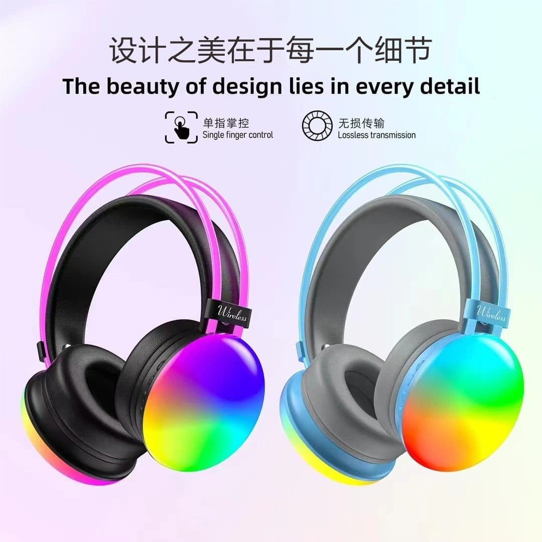 Stereo Rainbow LED Wireless Over‑Ear Headset – RGB Light, Bluetooth 5.3, Active Noise Cancelling, Hi‑Fi Stereo, APTX, IPX5 Waterproof, 10‑15 h Battery, Type‑C Fast Charge, Gaming & Travel headphones