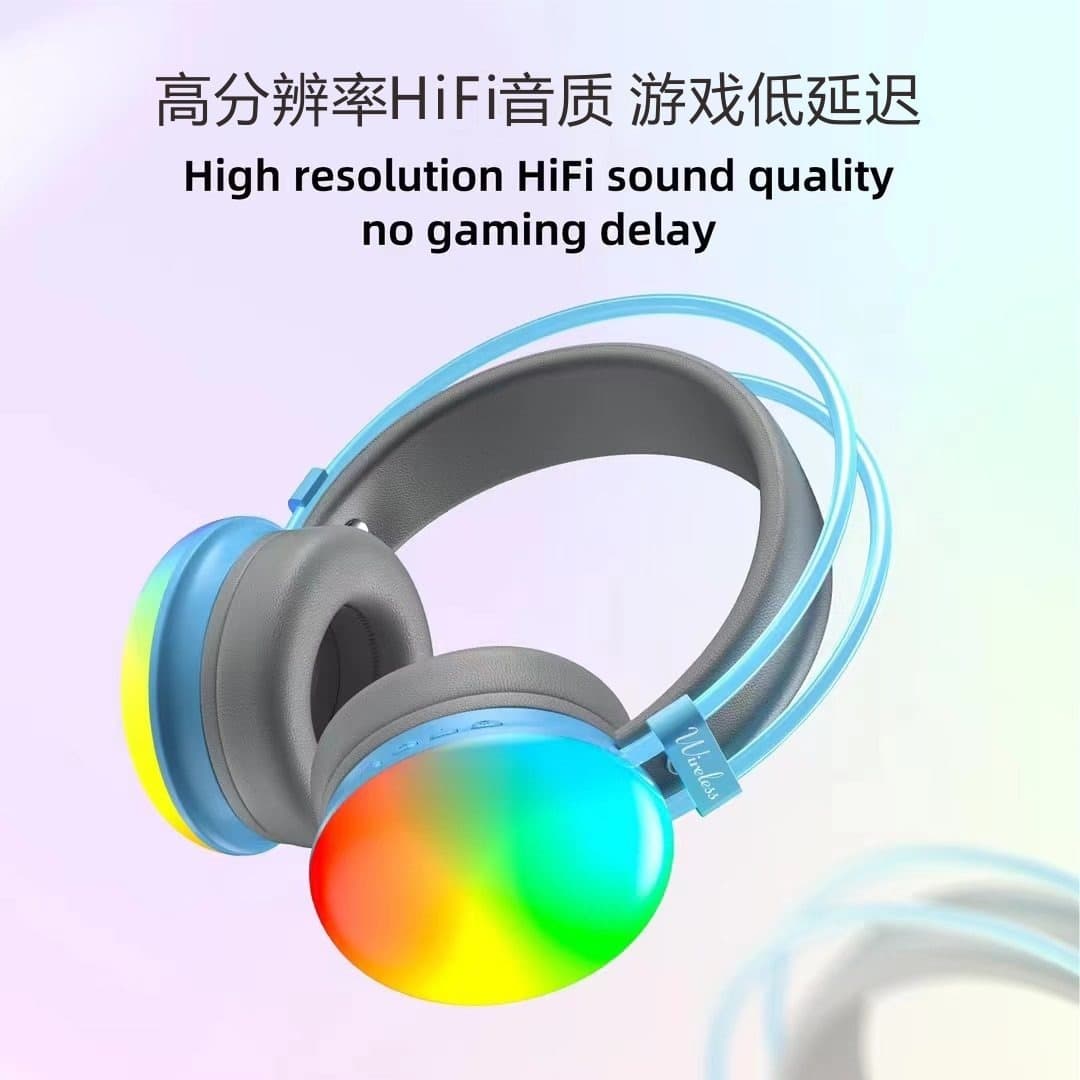 Stereo Rainbow LED Wireless Over‑Ear Headset – RGB Light, Bluetooth 5.3, Active Noise Cancelling, Hi‑Fi Stereo, APTX, IPX5 Waterproof, 10‑15 h Battery, Type‑C Fast Charge, Gaming & Travel headphones