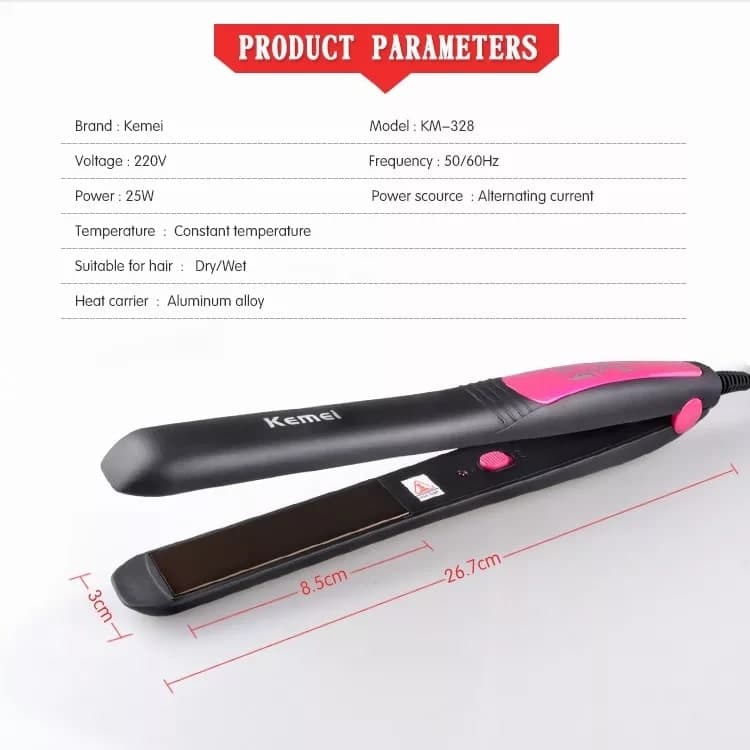 Kemei KM-328 Professional Hair Straightener – 25W Fast‑Heat Dual Temp 105‑205°C, PTC Element & 360° Rotating Cord – Black