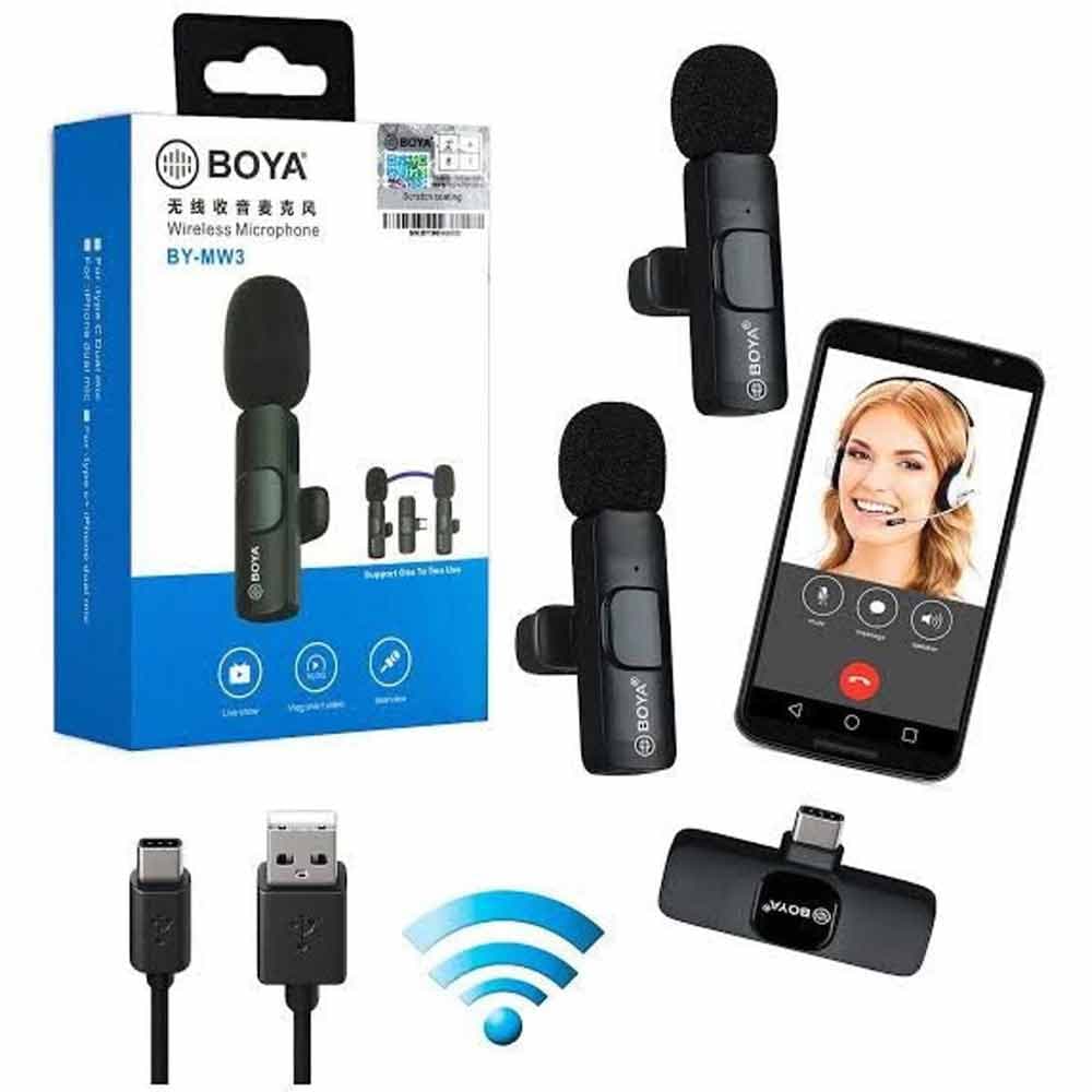 BOYA BY-MW3 Wireless Dual Microphone Plug‑Play 8‑Hour Battery, 65‑Foot Range, 0.009s Low‑Latency – Black