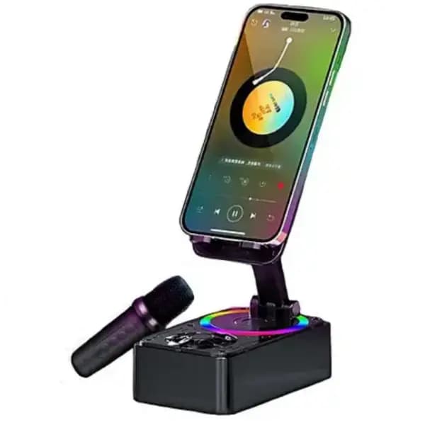 K98 Cell Phone Stand with Bluetooth Speaker – Rotating Foldable Design, 360° Rotation, Portable Audio, Black
