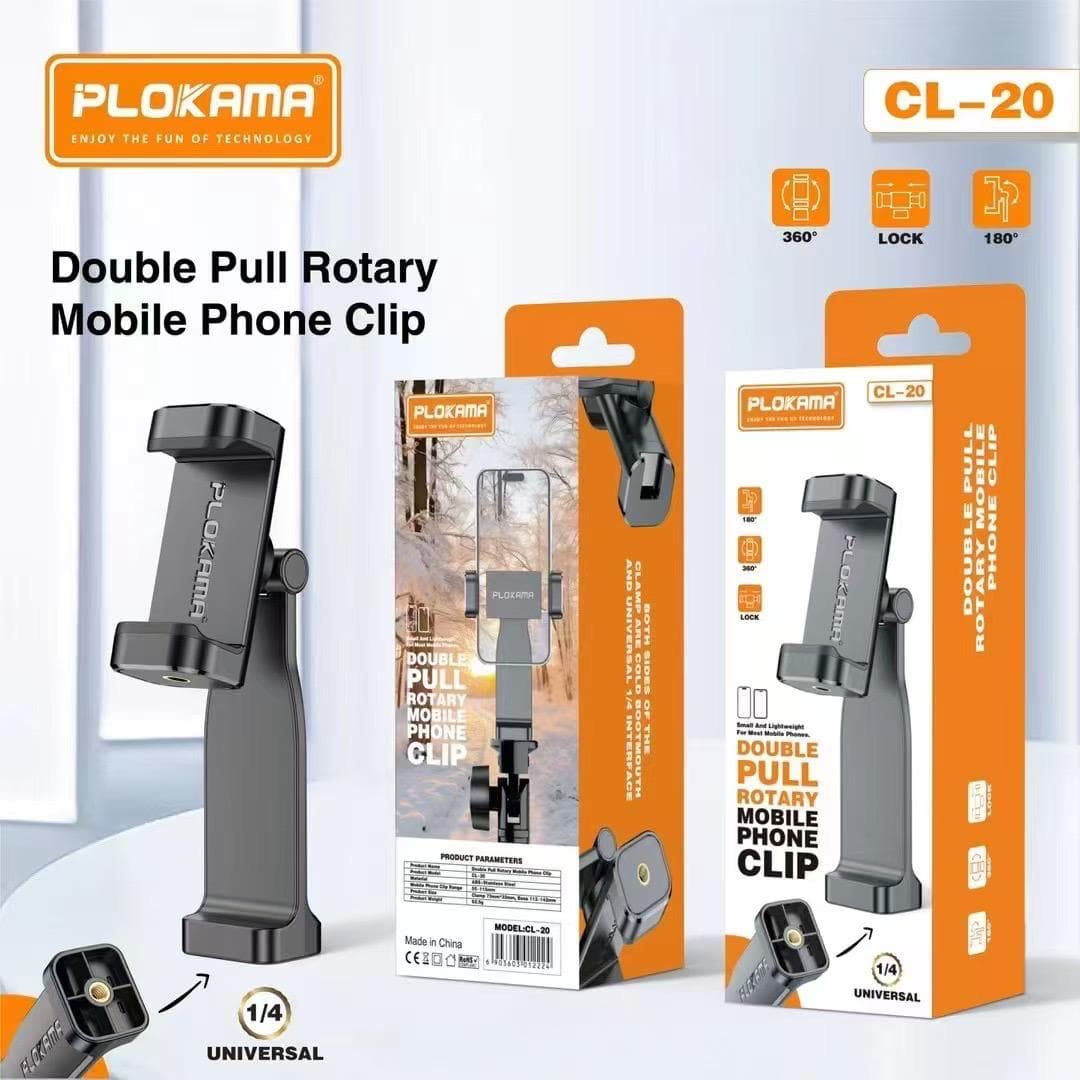 Plokama CL-20 Universal Phone Tripod Mount – Adjustable 55‑155mm Clamp, Anti‑Slip Silicone, 1/4″ Screw