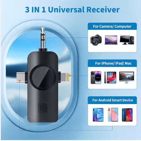 F11-2 Mini Wireless 3‑in‑1 Collar Microphone – 95% Noise Cancellation, 5‑6 hr Battery, iPhone/Android/Type‑C Compatible – Black