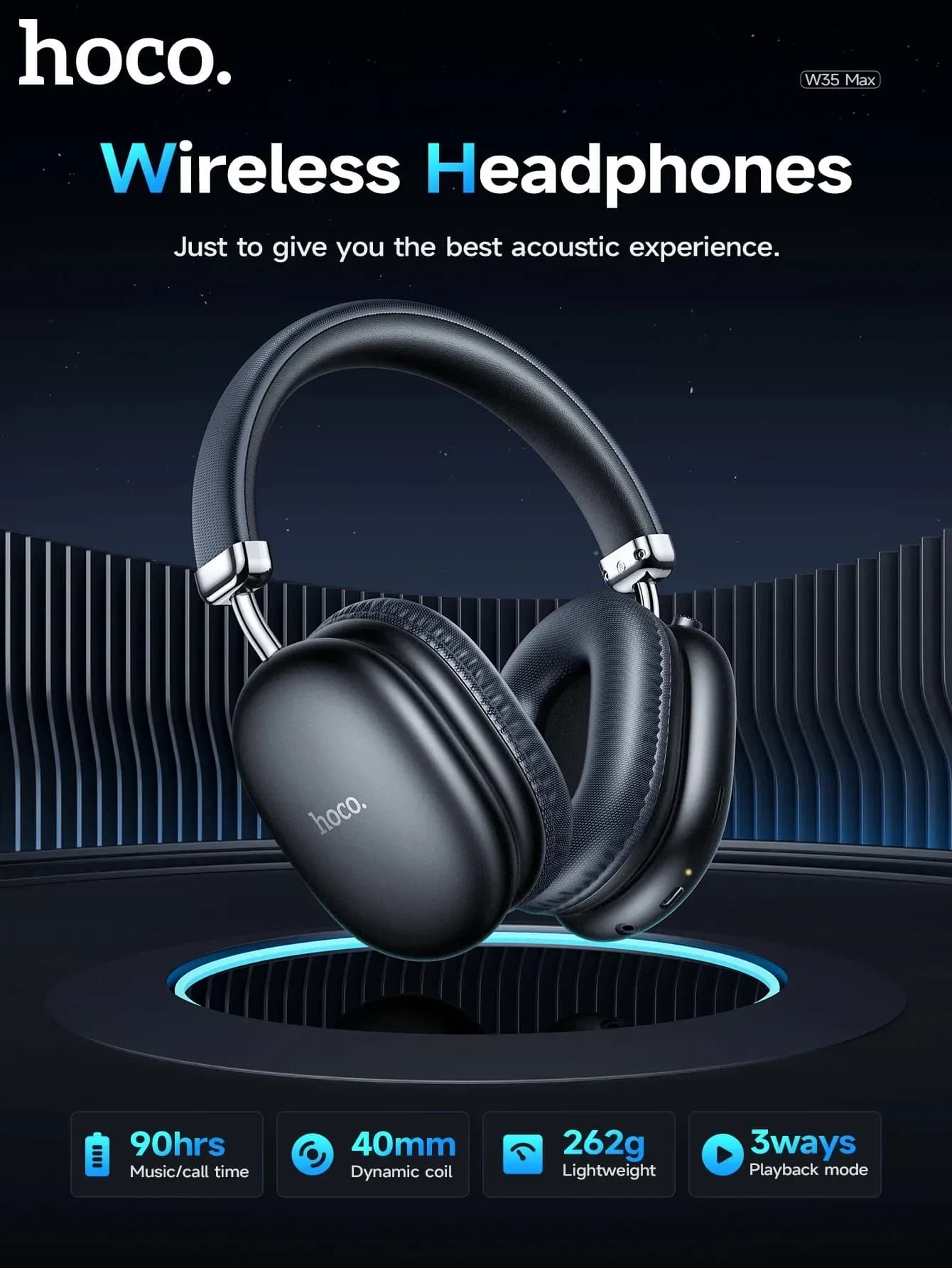 HOCO W35 Max Bluetooth 5.3 Over‑Ear Headphones – 40mm Hi‑Fi Drivers, ANC (45 h ON / 90 h OFF), 800 mAh Battery, Mic, 90‑Hour Playtime – Sports Wireless Earbuds.