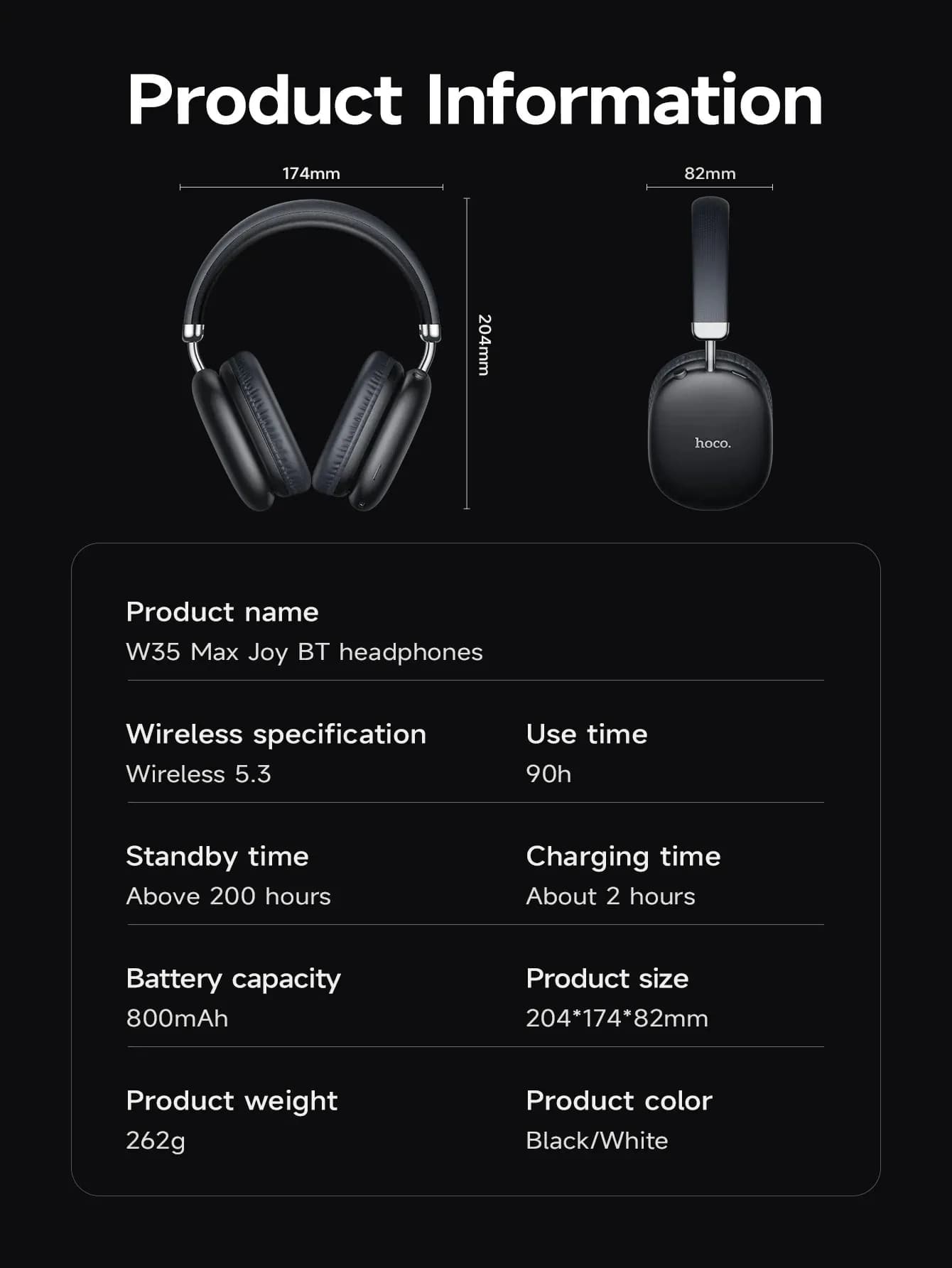 HOCO W35 Max Bluetooth 5.3 Over‑Ear Headphones – 40mm Hi‑Fi Drivers, ANC (45 h ON / 90 h OFF), 800 mAh Battery, Mic, 90‑Hour Playtime – Sports Wireless Earbuds.