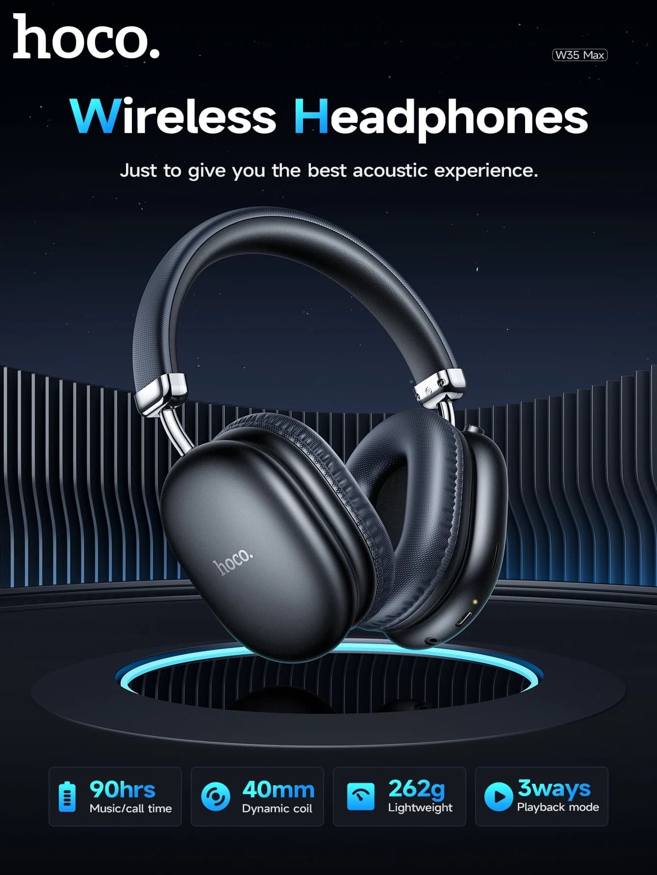 HOCO W35 Max Bluetooth 5.3 Over‑Ear Headphones – 40mm Hi‑Fi Drivers, ANC (45 h ON / 90 h OFF), 800 mAh Battery, Mic, 90‑Hour Playtime – Sports Wireless Earbuds.