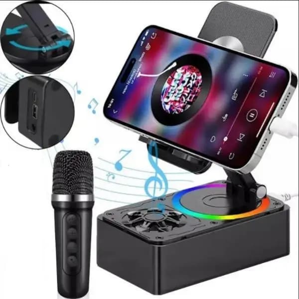 K98 Cell Phone Stand with Bluetooth Speaker – Rotating Foldable Design, 360° Rotation, Portable Audio, Black