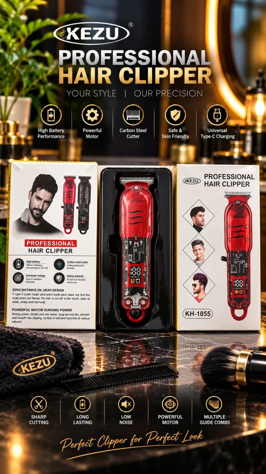 KEZU KH-1055 Professional Hair Clipper - Trimmer & Razor | Sync & Switch