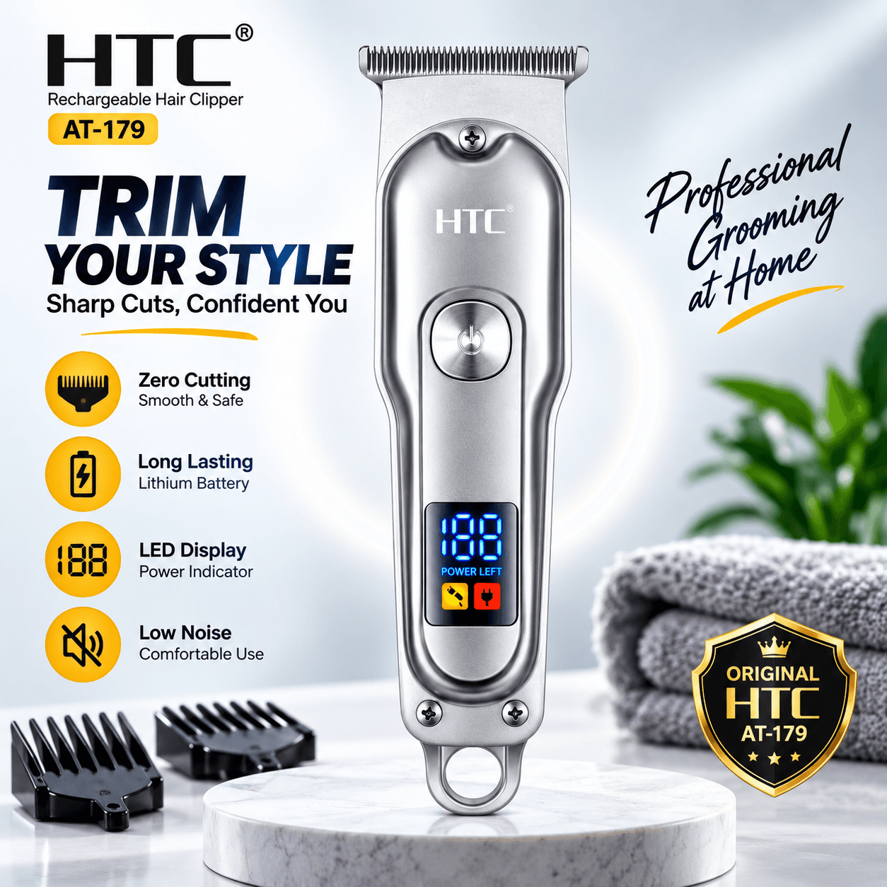 Original HTC AT-179 Rechargeable Hair Clipper & Beard Trimmer for Men – Cordless Grooming Kit with Stainless-Steel Blades, Adjustable Settings & Portable Design