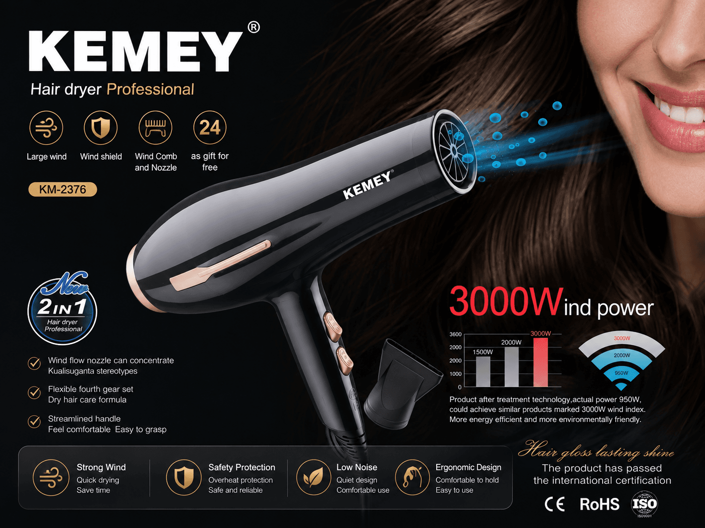 KEMEY KM-2376 Professional Hair Dryer – 3000W - Electronics devices | Sync & Switch
